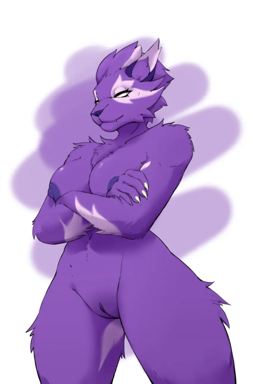 Image breasts,female,nipples,solo,nude,pussy,thick_thighs,anthro,fur,genitals,mammal,feline,purple_body,crossed_arms,felid,no_pupils,lynx,cute_fangs,asuri_(brawlhalla),brawlhalla,ququqee399e