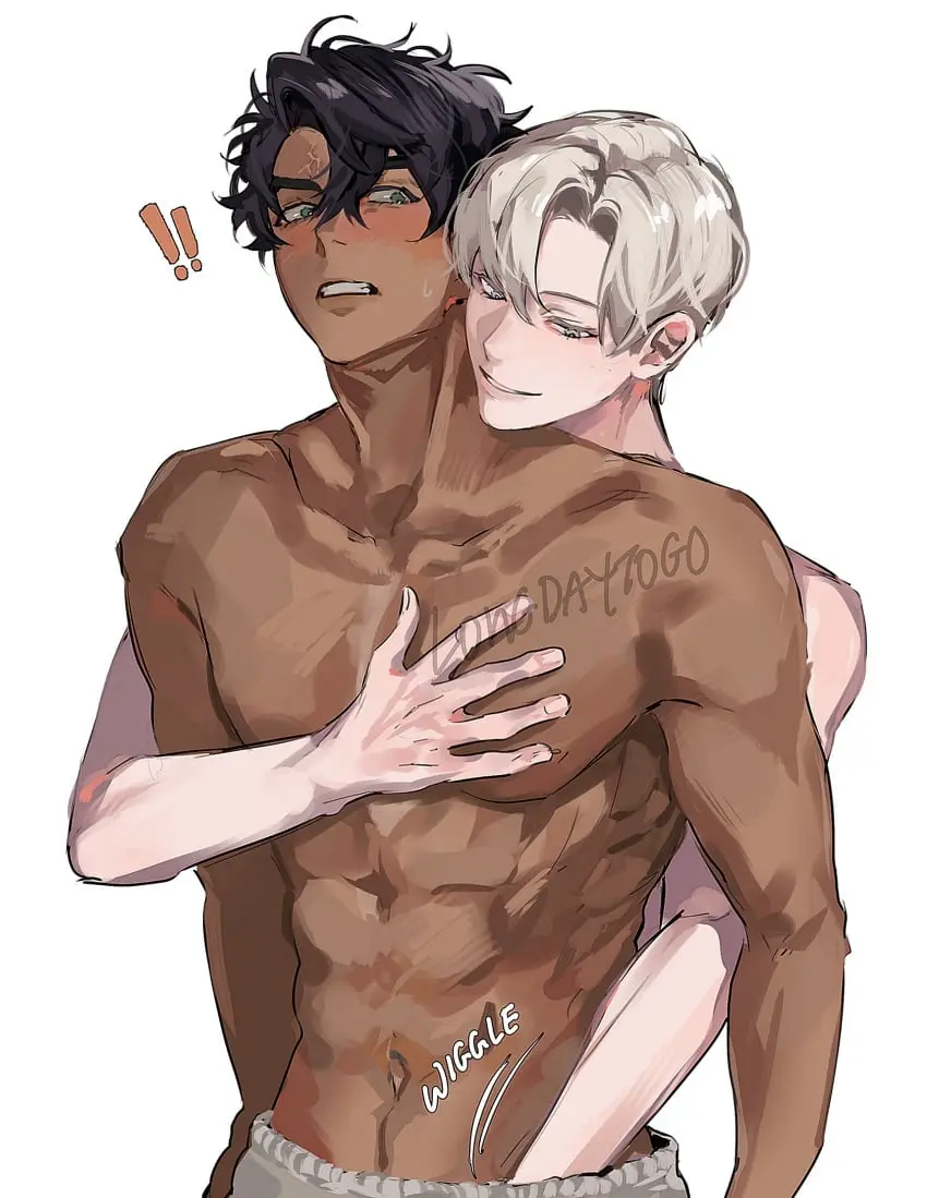 Image blush,white_background,male,dark-skinned_male,2boys,male/male,male_only,yaoi,artist_name,gay,sweatdrop,grabbing_from_behind,abs,annoyed,gay_male,annoyed_expression,!!,shirtless,reach_around,shirtless_male,harry_potter,implied_handjob,draco_malfoy,harry_james_potter,longdaytogo