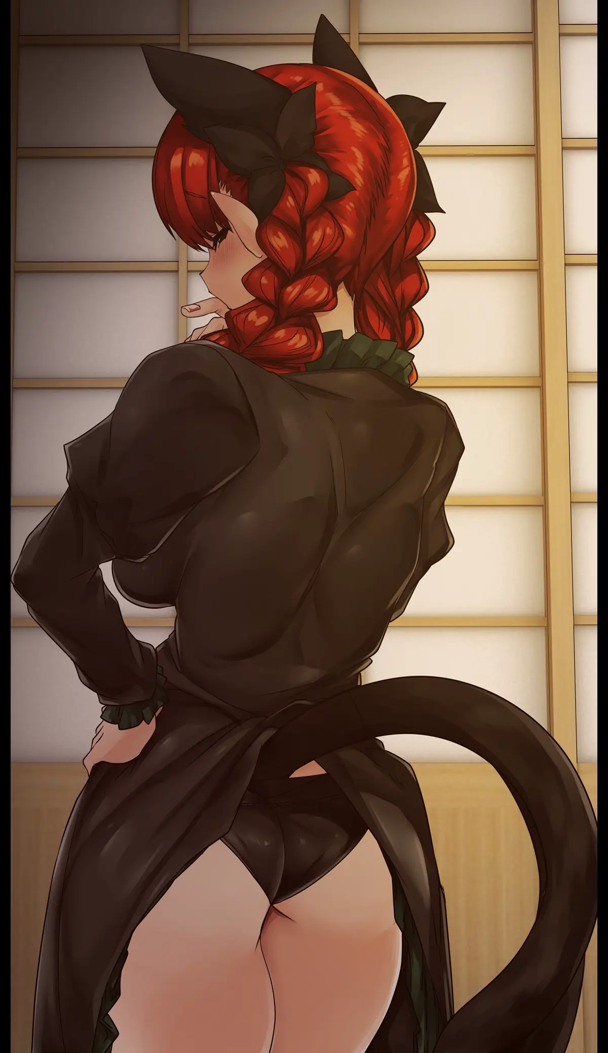 Image 1girls,big_breasts,blush,breasts,female,looking_at_viewer,red_eyes,solo,touhou,tail,red_hair,panties,ass,looking_back,humanoid,cat_girl,catgirl,sideboob,from_behind,2d,dress,nail_polish,tied_hair,pointy_ears,hair_ribbon,cat_tail,indoors,hand_on_hip,dress_lift,twintails,cat_humanoid,feline,exposed,exposed_ass,looking_back_at_viewer,twin_braids,braided_hair,multi_tail,exposed_panties,red_nails,facing_away,red_nail_polish,tails,rin_kaenbyou,source,cat_tails,slave_handles,orin_(touhou),mizuga,orin