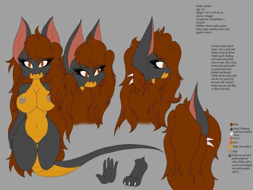 Image female,hi_res,long_hair,solo,nude,hair,anthro,text,mythology,absurd_res,brown_hair,english_text,4:3,scalie,mythological_creature,dragon,mythological_scalie,model_sheet,flat_colors,joeline,mr_p0tassium