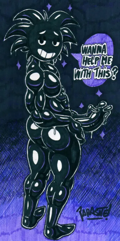 Image looking_at_viewer,solo,black_hair,male,penis,sweat,ass,humanoid,muscular,muscular_male,hair,anthro,bodily_fluids,fur,genitals,mammal,muscular_anthro,black_body,speech_bubble,big_muscles,toony,hyper,black_fur,parasitedeath,holding_penis,unknown_species,huge_muscles,hyper_muscles,inviting_viewer,mr._trance,mr_trance,mr_tr
