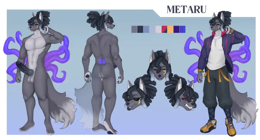 Image clothed,clothing,hi_res,simple_background,smile,solo,black_hair,male,nude,penis,tail,big_penis,erection,male_only,teeth,balls,hair,anthro,absurd_res,tentacle,canid,canine,canis,fur,genitals,mammal,wolf,claws,knot,black_sclera,black_penis,red_pupils,model_sheet,pupils,dreadlocks,docfurpanic,metaru_alseif_(daiyo)