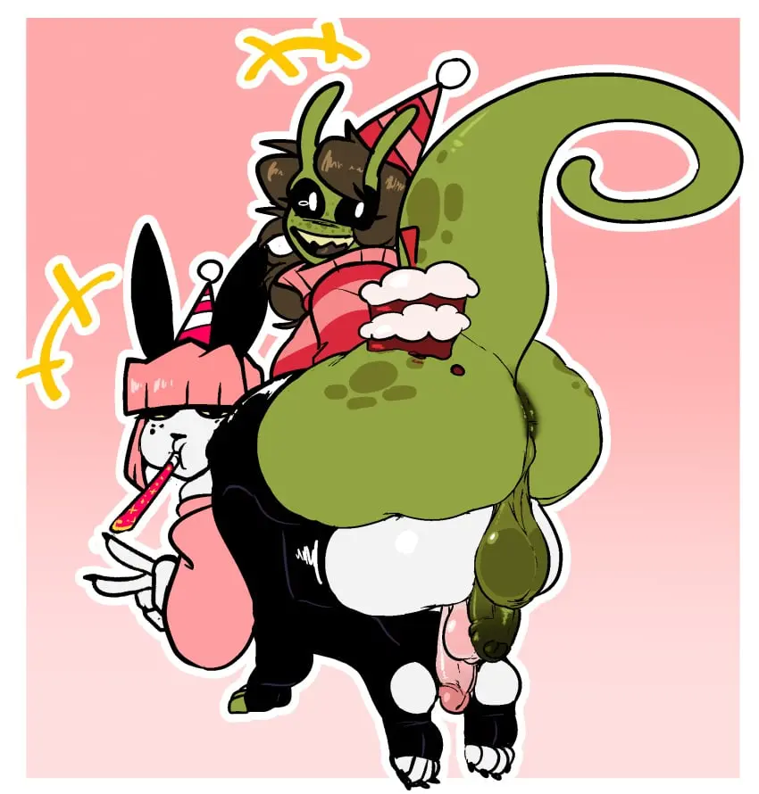 Image clothed,clothing,hi_res,penis,tail,ass,big_butt,big_penis,hat,looking_back,thick_thighs,duo,futanari,humanoid,intersex,headwear,feet,headgear,teeth,balls,anthro,anus,green_skin,sharp_teeth,big_balls,genitals,mammal,foreskin,uncircumcised,partially_clothed,legwear,thigh_highs,green_body,lagomorph,leporid,rabbit,alien,saggy_balls,backsack,food,trans_woman,transfem,thick_tail,cake,intersex/intersex,dessert,birthday_cake,party_hat,susieruu,butt_stack,pavizi_(xenopavilia),suzi_(susieruu)