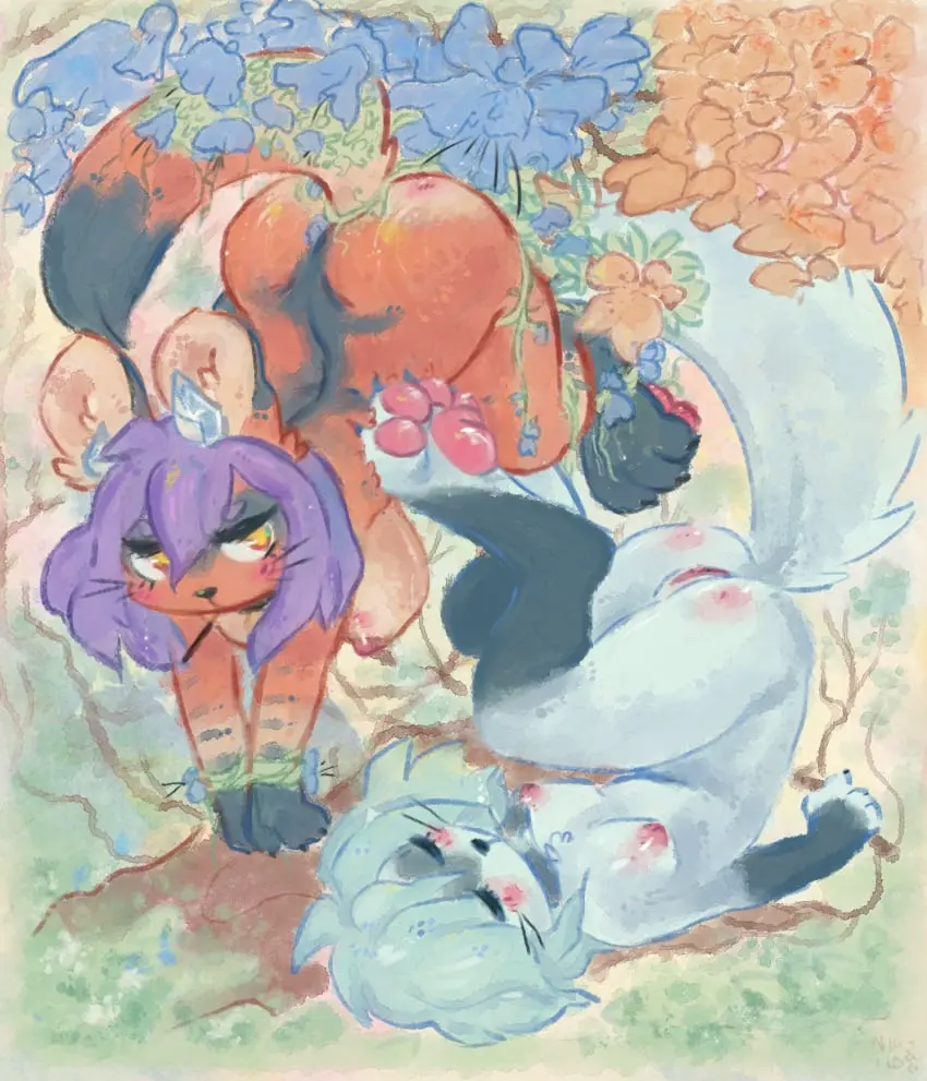 Image blush,breasts,female,hi_res,looking_at_viewer,nipples,nude,pussy,yellow_eyes,ass,duo,feet,pink_nipples,anthro,closed_eyes,genitals,mammal,claws,paws,toe_claws,flower,hanging_breasts,outside,ass_up,anthro_only,suspension,toes,mustelid,plant,bound,pawpads,4_toes,hyena,outdoor_nudity,upside-down,pink_pawpads,vines,musteline,wrists_tied,vine_bondage,vine_tentacles,domestic_ferret,nihilochannel,strom_(nihilochannel),true_musteline,weasel,pink_pussy,dangling,plant_tentacles,suspended_in_midair,dangling_legs,plant_bondage,aardwolf,dangling_arms,midair,rin_(nihilochannel)