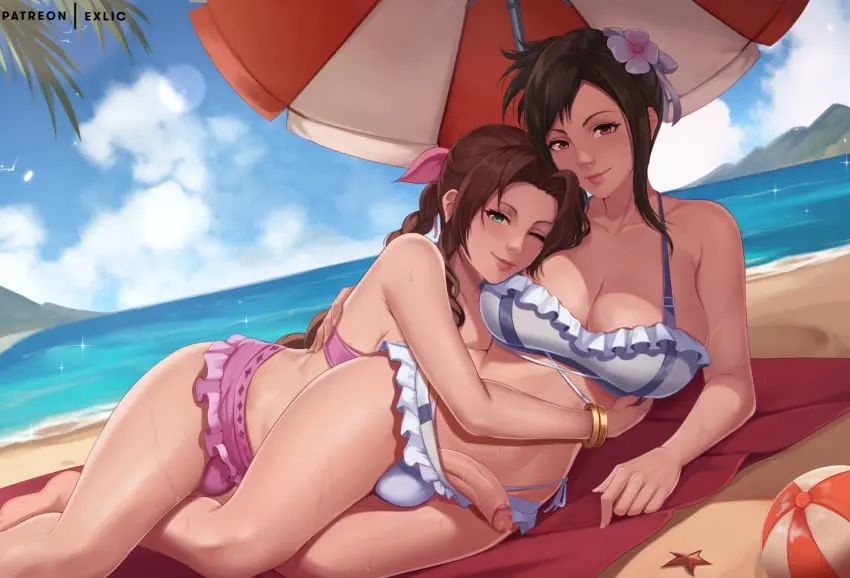 Image 1girls,big_breasts,breasts,clothed,clothing,female,hair_ornament,human,light-skinned_female,light_skin,long_hair,smile,black_hair,multiple_girls,penis,lying,bikini,1futa,duo,futanari,intersex,light-skinned_futa,beach,ocean,cleavage,huge_breasts,swimsuit,on_side,brown_hair,bulge,skirt,white_bikini,official_alternate_costume,final_fantasy,final_fantasy_vii,final_fantasy_vii_remake,tifa_lockhart,flower,hair_flower,microskirt,futa_with_futa,tifa_lockhart_(shining_spirit),aerith_gainsborough,mostly_nude,thong_bikini,hug,pink_bikini,final_fantasy_vii_rebirth,frilled_bikini,frills,beach_umbrella,umbrella,beach_ball,official_alternate_hairstyle,exlic,aerith_gainsborough_(pink_mermaid),bikini_skirt,frilled_bikini_top