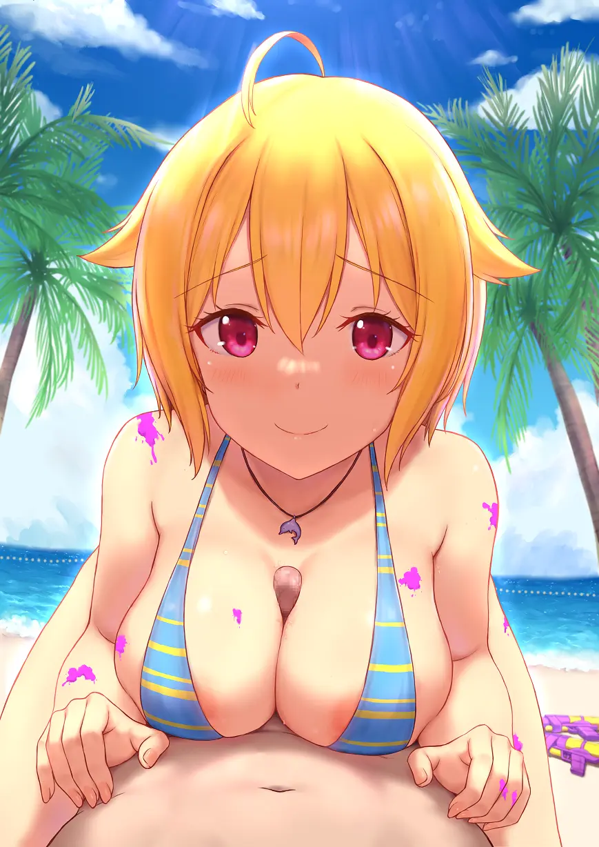 Image 1girls,breasts,female,highres,large_breasts,light-skinned_female,light_skin,looking_at_viewer,red_eyes,smile,1boy,male,penis,short_hair,beach,jewelry,light-skinned_male,blonde_hair,paizuri,swimsuit,necklace,ahoge,pov,hair_between_eyes,male_pov,straddling,idolmaster,areola_slip,idolmaster_million_live!,paint,paint_on_body,cai_geng,ibuki_tsubasa