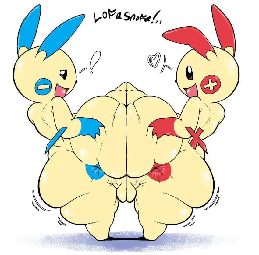 Image looking_at_viewer,simple_background,male,nude,pokemon,pokemon_(species),ass,big_ass,big_butt,bottom_heavy,huge_ass,huge_butt,looking_back,thick_thighs,duo,wide_hips,2boys,femboy,male_only,open_smile,balls,anthro,nude_male,anus,thick_ass,curvy,curvy_body,curvy_figure,inviting_to_sex,rabbit_ears,nintendo,yellow_body,big_thighs,presenting_hindquarters,pokémon_(species),lagomorph,presenting_anus,ballsack,generation_3_pokemon,presenting_ass,spread_ass,blue_anus,minun,plusle,hips_wider_than_shoulders,red_anus,lofasnofa