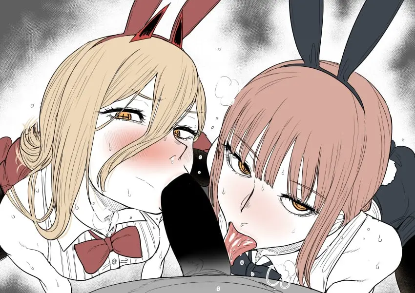 Image blush,female,human,long_hair,open_mouth,1boy,2girls,licking,male,multiple_girls,oral,penis,sweat,tongue_out,yellow_eyes,red_hair,tongue,fellatio,humanoid,orange_eyes,horns,blonde_hair,bunny_ears,bunny_girl,sweatdrop,pov,blowjob,male_pov,teamwork,bunnysuit,chainsaw_man,power_(chainsaw_man),makima_(chainsaw_man),blowjob_face,partially_colored,collaborative_fellatio,double_fellatio,devil,kaiman_garupan,double_blowjob