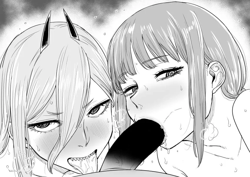 Image blush,female,human,long_hair,open_mouth,1boy,2girls,licking,male,multiple_girls,oral,penis,sweat,tongue_out,tongue,fellatio,humanoid,horns,sweatdrop,pov,blowjob,sharp_teeth,monochrome,male_pov,teamwork,chainsaw_man,power_(chainsaw_man),makima_(chainsaw_man),blowjob_face,collaborative_fellatio,double_fellatio,lidded_eyes,devil,kaiman_garupan,double_blowjob,curved_to_the_right_penis