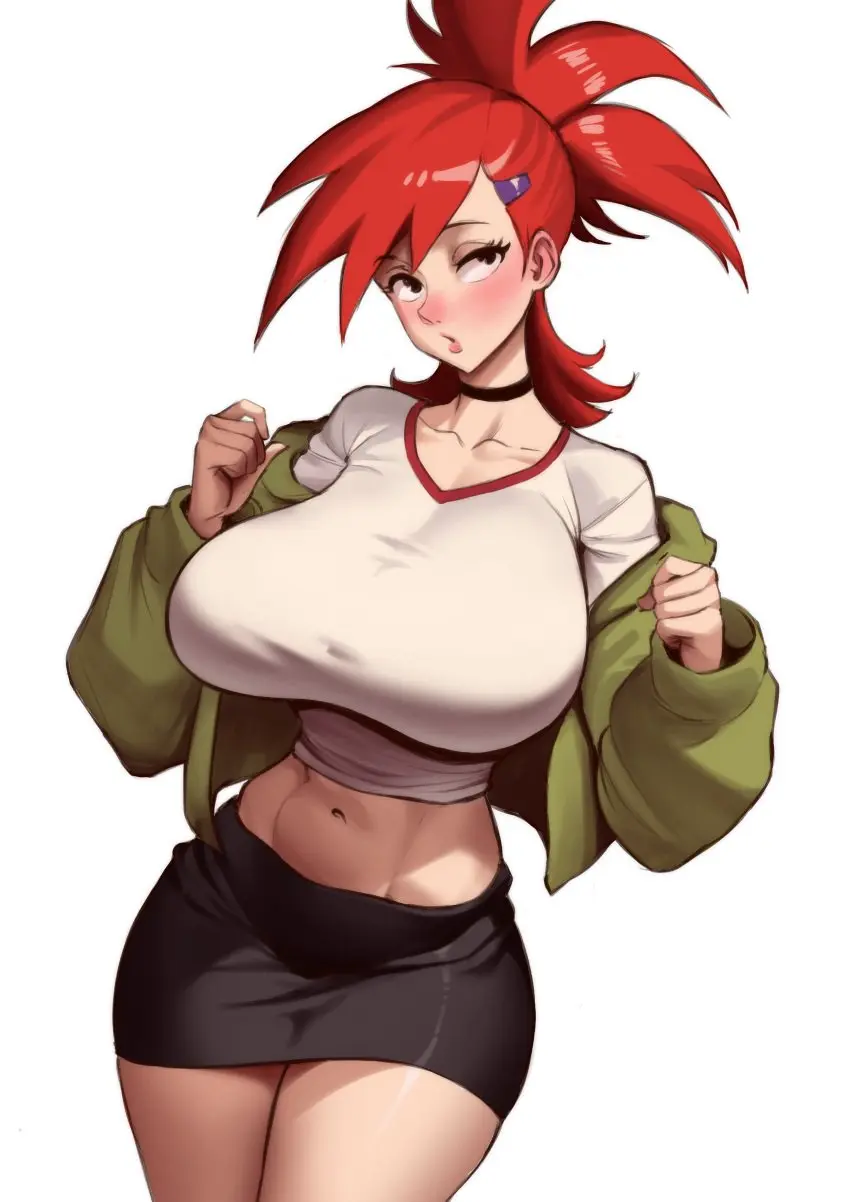 Image 1girls, big_breasts, breasts, female, large_breasts, white_background, choker, red_hair, thick_thighs, thighs, voluptuous, huge_breasts, busty, curvy, curvy_body, curvy_female, curvy_figure, black_eyes, alternate_breast_size, curvaceous, foster's_home_for_imaginary_friends, frankie_foster, chocolategamebu