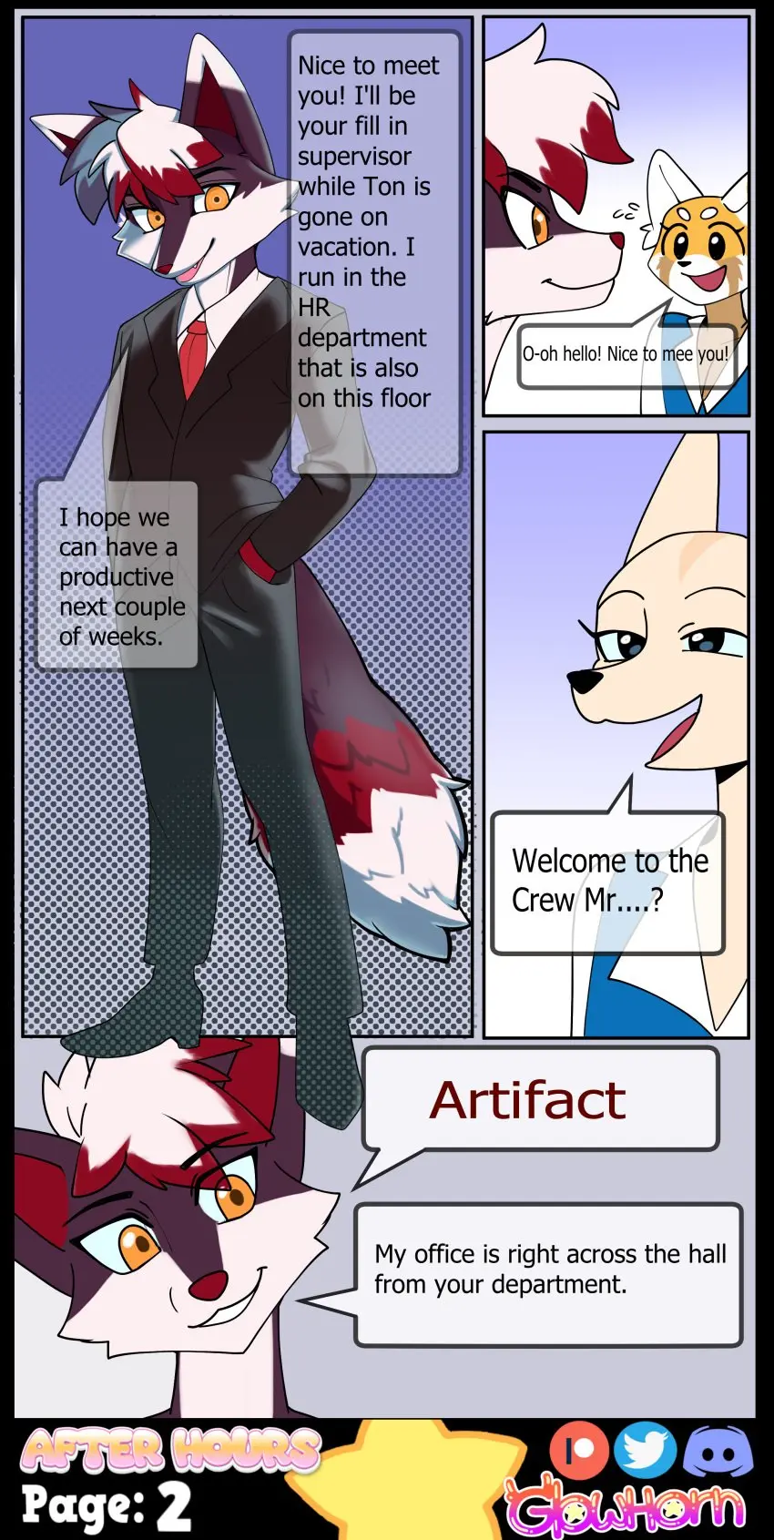 Image clothing,collared_shirt,female,hi_res,open_mouth,shirt,simple_background,smile,white_hair,blue_eyes,male,tail,red_hair,furry,tongue,orange_eyes,white_clothing,hair,anthro,text,absurd_res,comic,comic_page,canid,canine,fur,mammal,dialogue,ailurid,red_panda,black_body,black_eyes,white_shirt,english_text,orange_body,black_nose,dialogue_box,white_body,necktie,fox,topwear,orange_fur,white_fur,group,red_body,black_fur,black_clothing,sanrio,fennec_fox,true_fox,blue_clothing,white_topwear,blue_shirt,blue_topwear,page_number,red_fur,black_shirt,full-length_portrait,portrait,black_topwear,suit,talking_to_another,big_tail,office_clothing,red_nose,business_suit,page_2,aggressive_retsuko,aggretsuko,fenneko,undershirt,hand_in_pocket,pockets,artifact_the_fox,glowhorn,retsuko,tilting_head