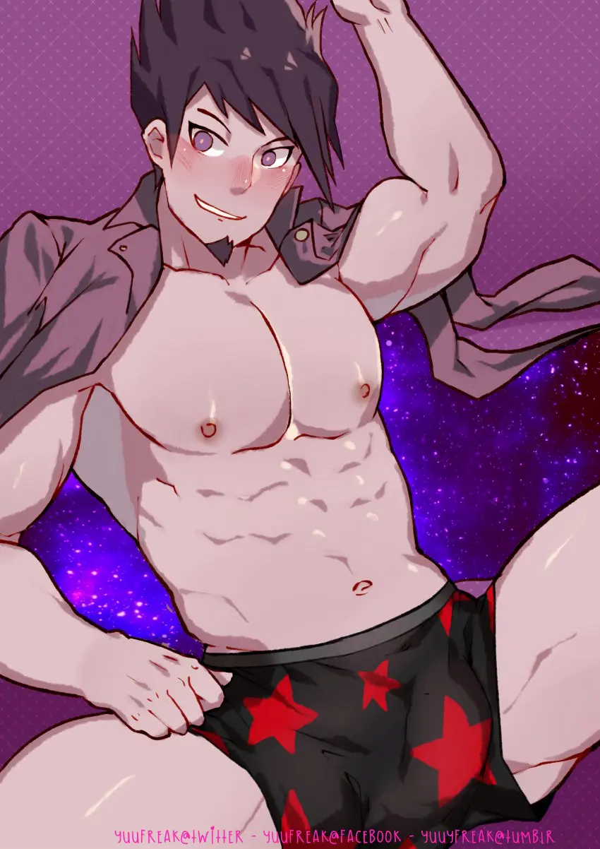 Image blush,nipples,solo,male,underwear,muscular,muscular_male,male_only,yaoi,bara,bulge,male_nipples,penis_outline,beard,danganronpa,yuufreak,momota_kaito