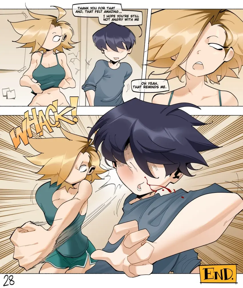Image 1girls,big_breasts,blush,breasts,female,large_breasts,1boy,black_hair,male,ass,thick_thighs,collarbone,blonde_hair,after_sex,blood,comic,comic_page,sound_effects,english_text,smaller_male,punching,short_stack,taller_girl,english,sitting_on_floor,pelvic_line,anor3xia,punch,getting_dressed,end,page_28,pelvic_lines,ano_(anor3xia),finn_(ngcc),the_end