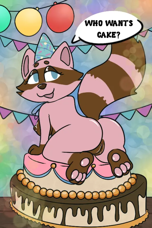 Image clothing,female,solo,pussy,tail,hat,headwear,headgear,anthro,presenting,genitals,mammal,party,raccoon,speech_bubble,raised_tail,procyonid,imminent_sex,food,cake,balloon,inflatable,dessert,birthday,party_hat,poppy_(skellyroon),skellyroon