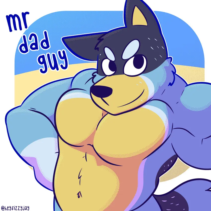 Image hi_res, simple_background, solo, male, muscular, muscular_male, anthro, canid, canine, canis, domestic_dog, fur, mammal, pecs, black_eyes, blue_body, solo_male, blue_fur, bluey_(series), herding_dog, pastoral_dog, daddy_kink, australian_cattle_dog, bandit_heeler, cattledog, letters, fizzyjay