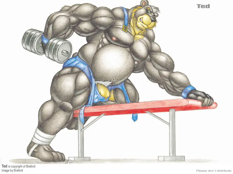 Image grey_hair, nipples, simple_background, solo, white_background, male, penis, muscular, muscular_male, feet, pink_nipples, belly, teeth, hair, anthro, green_eyes, clenched_teeth, bulge, fur, genitals, mammal, muscular_anthro, black_body, 5_fingers, black_nose, bear, fingers, big_muscles, toes, pubes, overweight, black_fur, 4_toes, overweight_male, overweight_anthro, musclegut, wristband, exercise, barely_contained, barely_contained_penis, huge_muscles, penis_base, weights, workout, weightlifting, braford, blue_mankini, wrestling_singlet, dumbbell, weight_bench