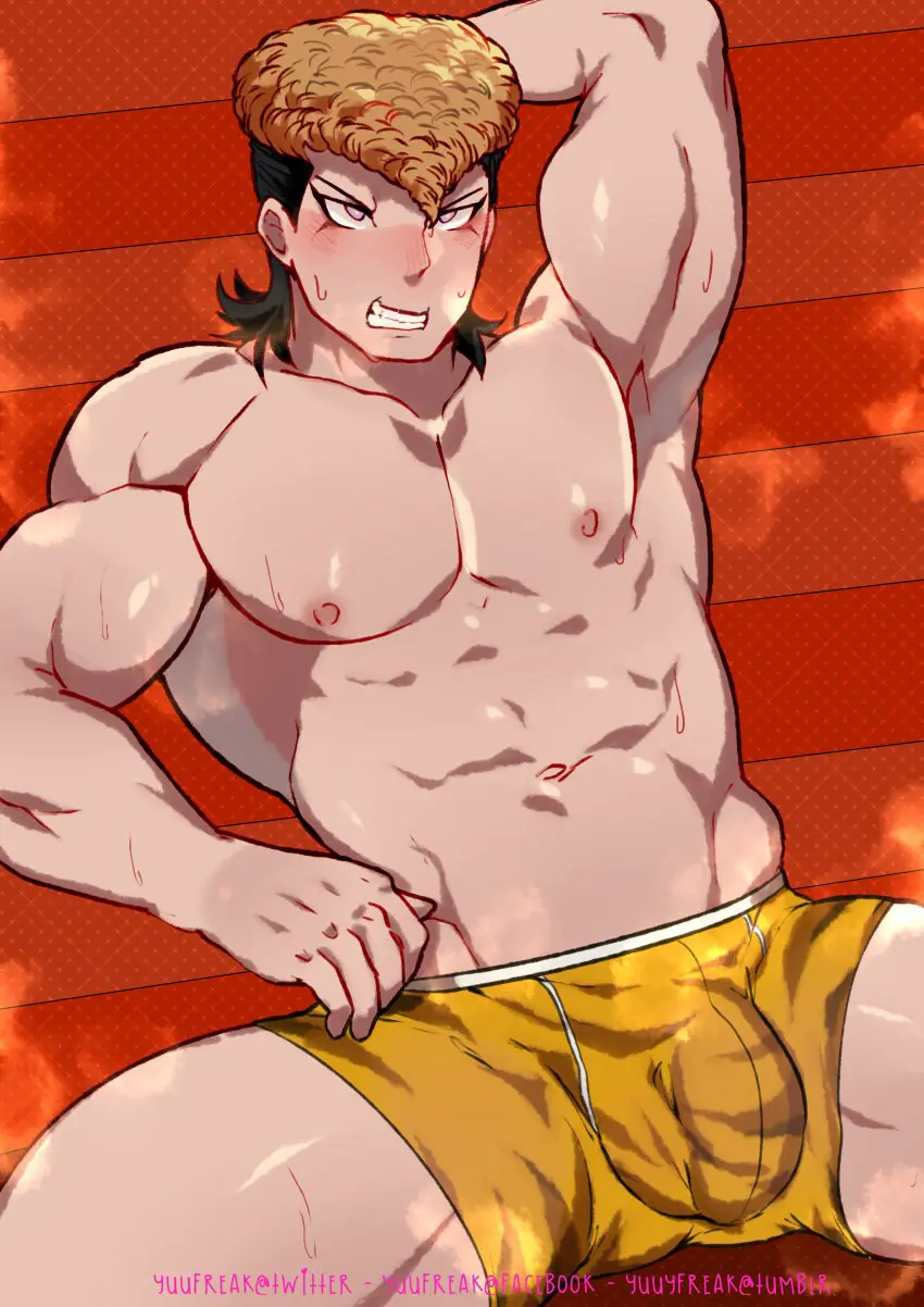 Image nipples,solo,male,underwear,muscular,muscular_male,male_only,yaoi,bara,bulge,male_nipples,penis_outline,big_bulge,danganronpa,mondo_oowada,danganronpa_1,yuufreak