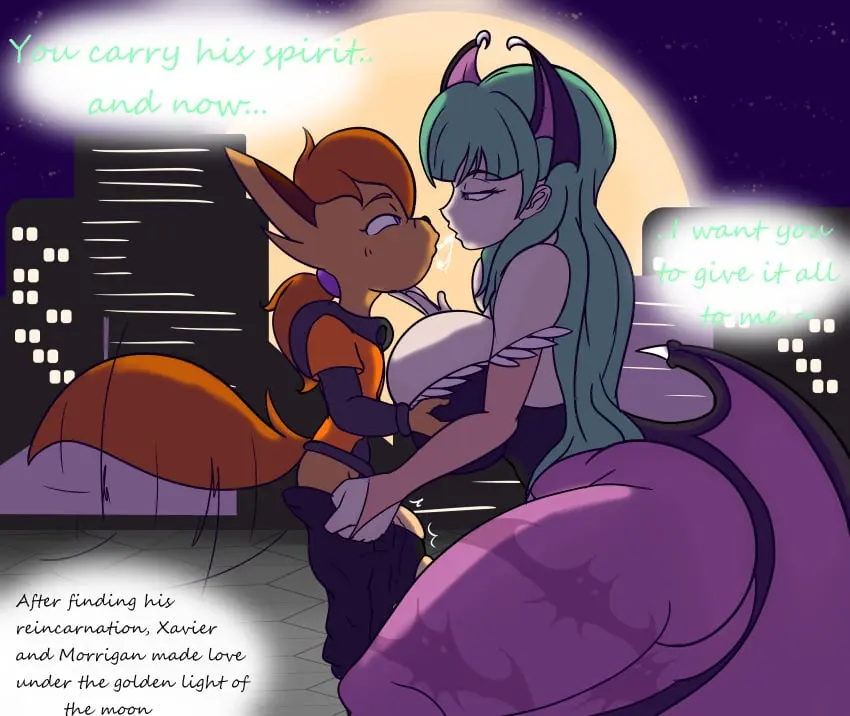 Image 1girls, big_breasts, breasts, female, large_breasts, long_hair, 1boy, animal_ears, male, straight, ass, big_ass, huge_ass, thick_thighs, saliva_string, huge_breasts, wings, anthro, text, original, original_character, alternate_version_available, saliva, green_hair, fox_tail, english_text, large_ass, saliva_trail, pantyhose, darkstalkers, morrigan_aensland, succubus, after_kiss, head_wings, vampire_(game), jascoe-sauce, xavier_jascoe