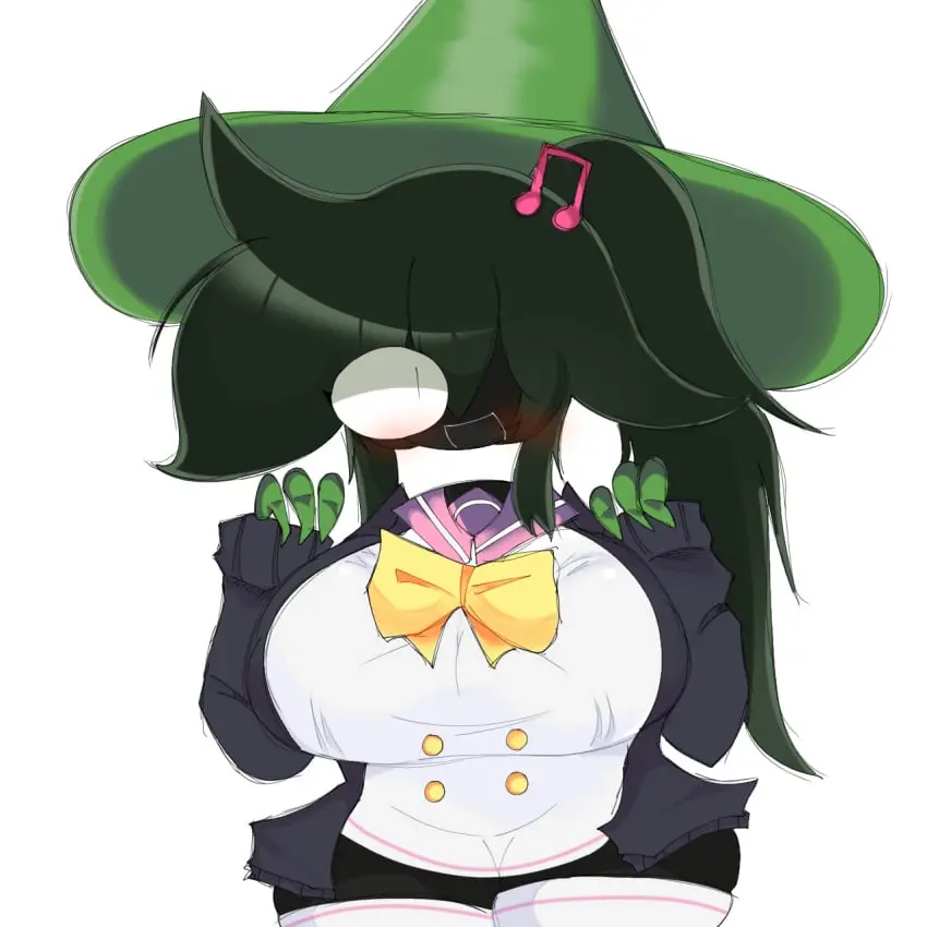 Image 1girls,breasts,female,female_only,hair_ornament,long_hair,long_sleeves,open_clothes,pocket,smile,solo,white_background,black_hair,thighhighs,white_legwear,green_hat,thick_thighs,ponytail,digital_drawing_(artwork),solo_female,huge_breasts,black_skin,ribbon,seifuku,rule_63,cosplay,crossover,danganronpa,sailor_collar,fnf_mod,fnf_mods,friday_night_funkin,friday_night_funkin_mod,cardigan,crazy_eyes,one_eye_visible,blank_background,missing_eye,buttons,musical_note,self-upload,dave_and_bambi_mod,large_hat,open_cardigan,yellow_ribbon,fake_mouth,musical_note_hair_ornament,otonokoji_kanade,pink_sailor_collar,purple_cardigan,redacted_(firstbirthdays),sailor_dress,super_danganronpa_another_2
