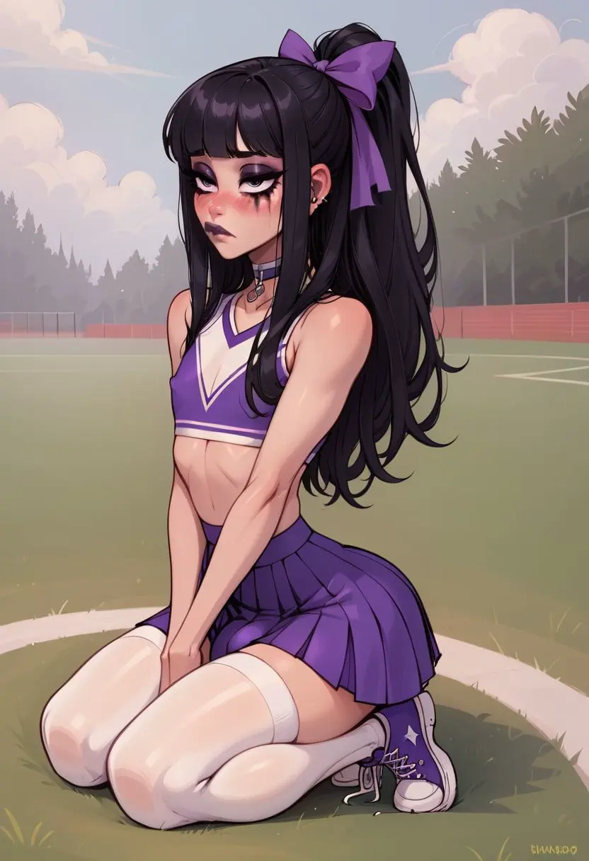 Image black_hair,male,thighhighs,choker,ai_generated,femboy,male_only,makeup,goth,bulge_through_clothing,white_thighhighs,cheerleader,cheerleader_uniform,purple_topwear,sneakers,bored,noredeemingvalue,purple_skirt,purple_ribbon