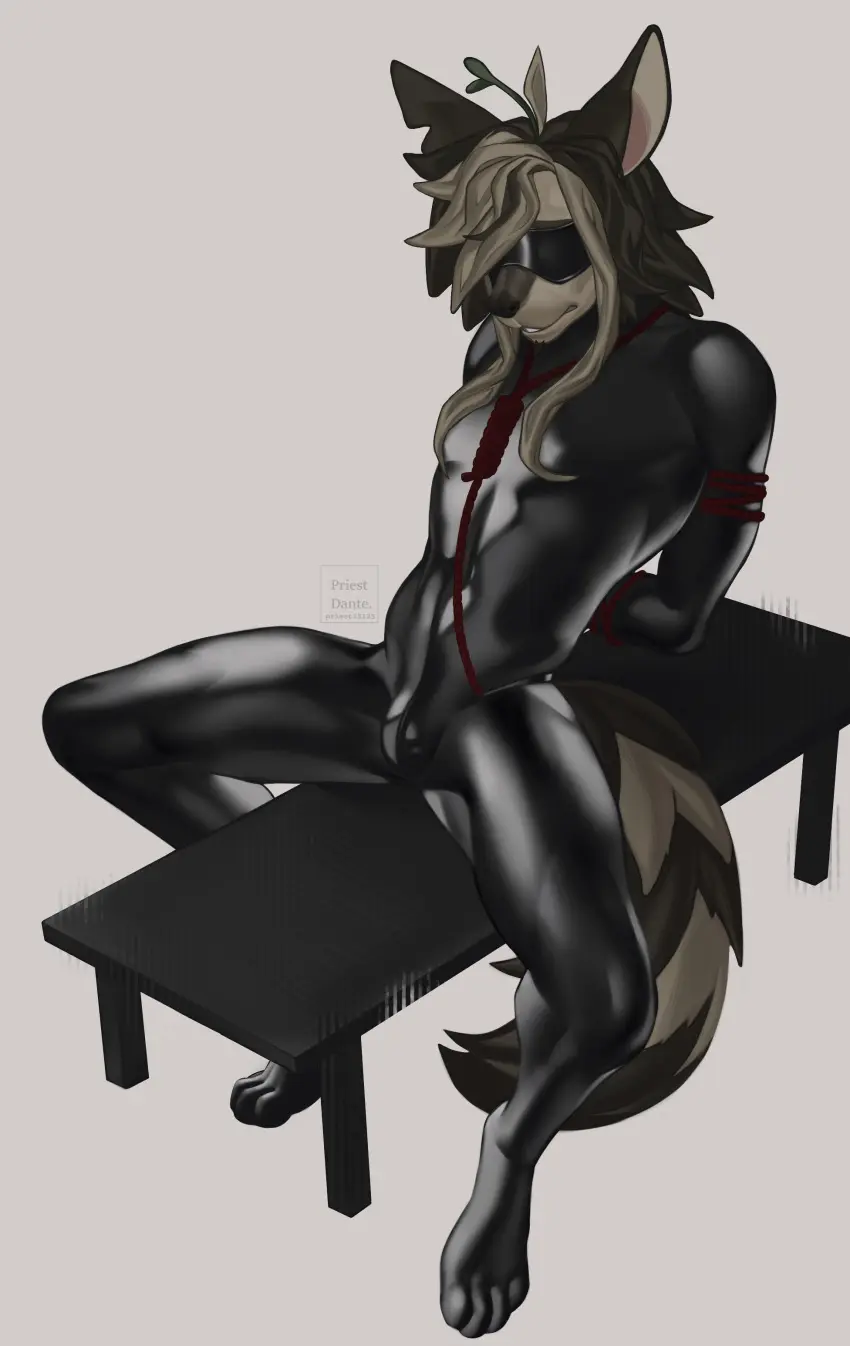 Image male,furry,spread_legs,latex,bondage,bound,rope,hyena,latex_suit,priestdante
