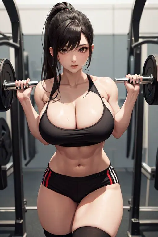 Image black_hair,ponytail,ai_generated,gym,goth,gym_uniform,gym_clothes