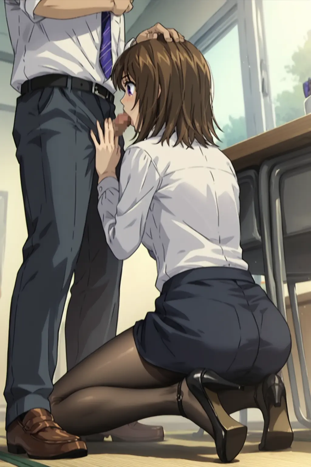 Image 1girls,breasts,collared_shirt,female,looking_at_viewer,nipples,1boy,male,fellatio,kneeling,ai_generated,collarbone,medium_breasts,handjob,skirt,high_heels,office_lady,business_suit,initial_d,kyoko_iwase