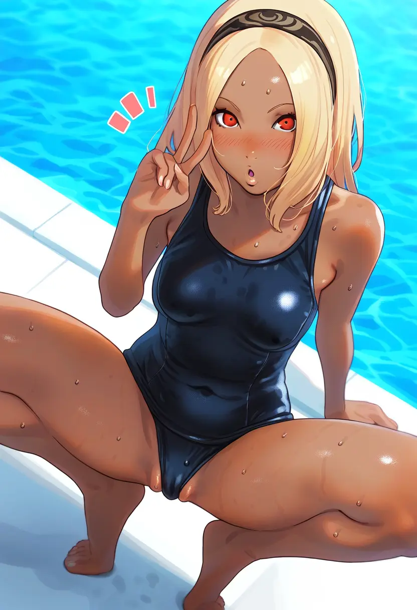 Image 1girls,blush,breasts,female,looking_at_viewer,open_mouth,red_eyes,solo,thighs,barefoot,dark_skin,ai_generated,hairband,blonde_hair,spread_legs,one-piece_swimsuit,swimsuit,lips,wet,posing,dark-skinned_female,squatting,covered_navel,wet_body,pussy_lips,poolside,v,suggestive,peace_sign,v_sign,tiptoes,gravity_rush,kat_(gravity_rush),biao-9527