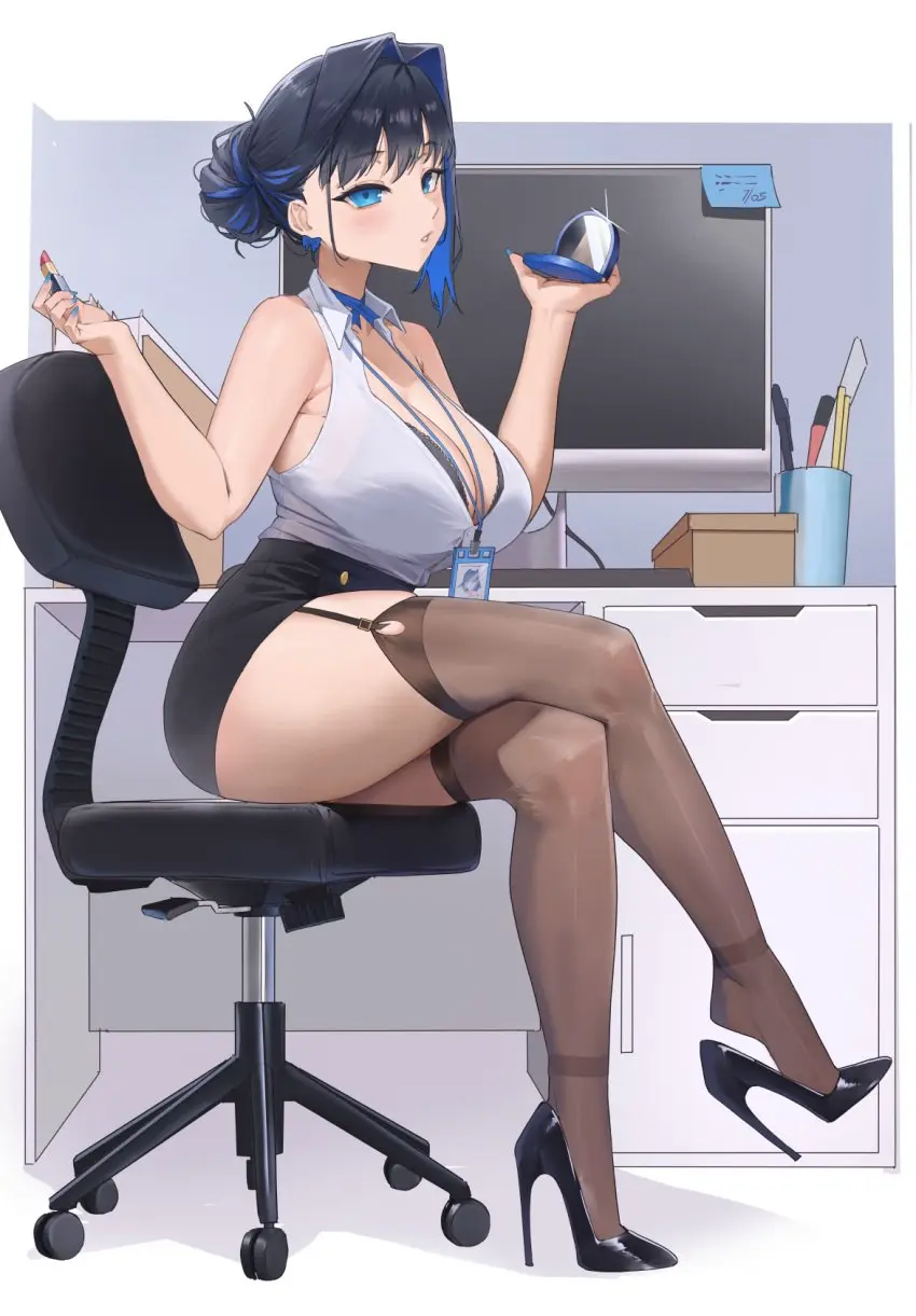 Image 1girls,breasts,clothed,female,female_only,light-skinned_female,light_skin,blue_eyes,blue_hair,short_hair,thick_thighs,virtual_youtuber,huge_breasts,stockings,hololive,high_heels,revealing_clothes,fully_clothed,office,hololive_english,hololive_english_-council-,hololive_english_-promise-,office_lady,very_high_heels,office_chair,stiletto_heels,ouro_kronii,archinoer