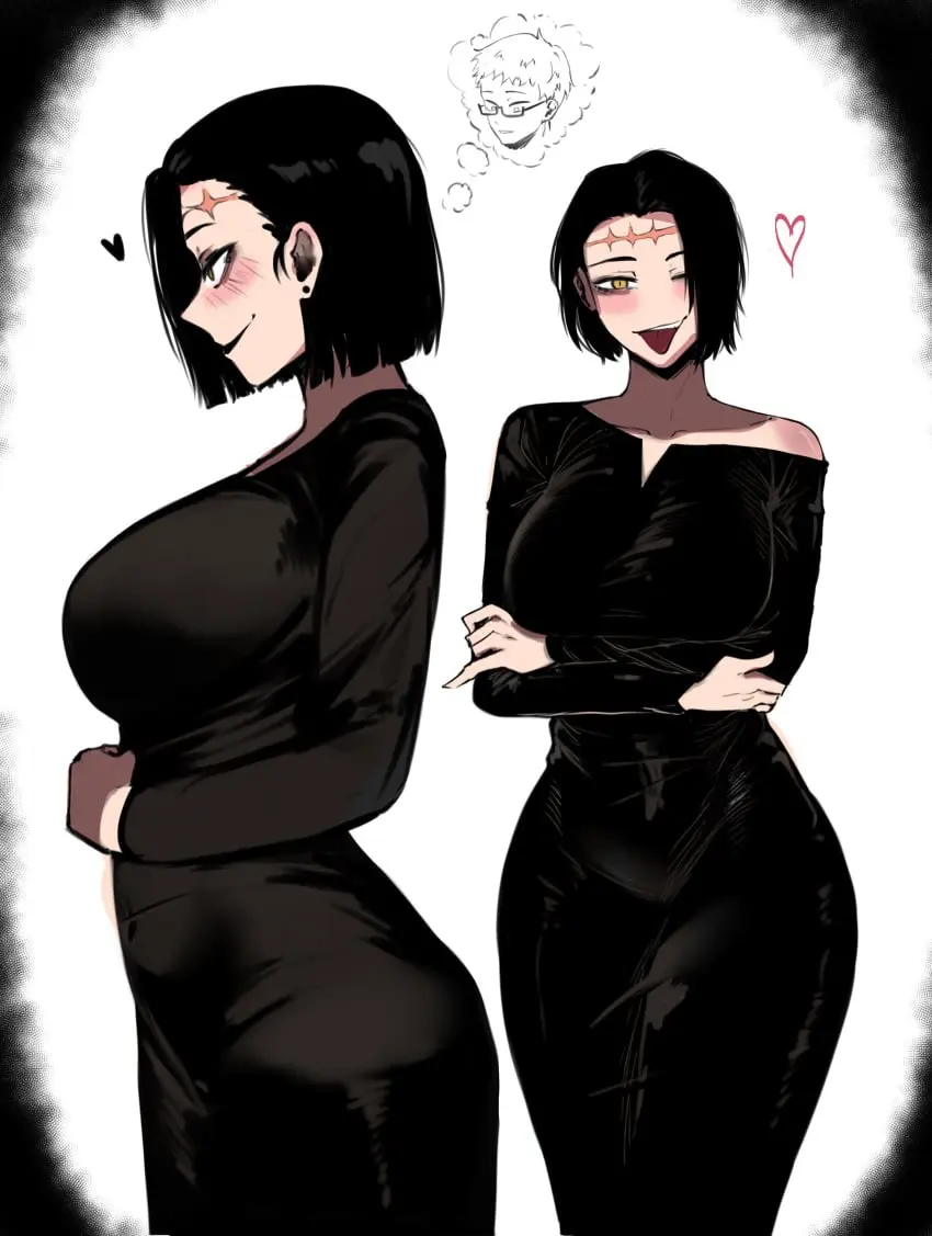 Image female,black_hair,short_hair,tongue_out,tongue,seductive,seductive_eyes,seductive_look,seductive_smile,smiling,smiling_at_viewer,color,dress,curvy,curvy_body,curvy_female,curvy_figure,curvy_hips,scar,naughty_face,jujutsu_kaisen,bob_cut,color_edit,naughty_smile,itadori_kaori,kenjaku,masoq095,colorized,itadori_jin