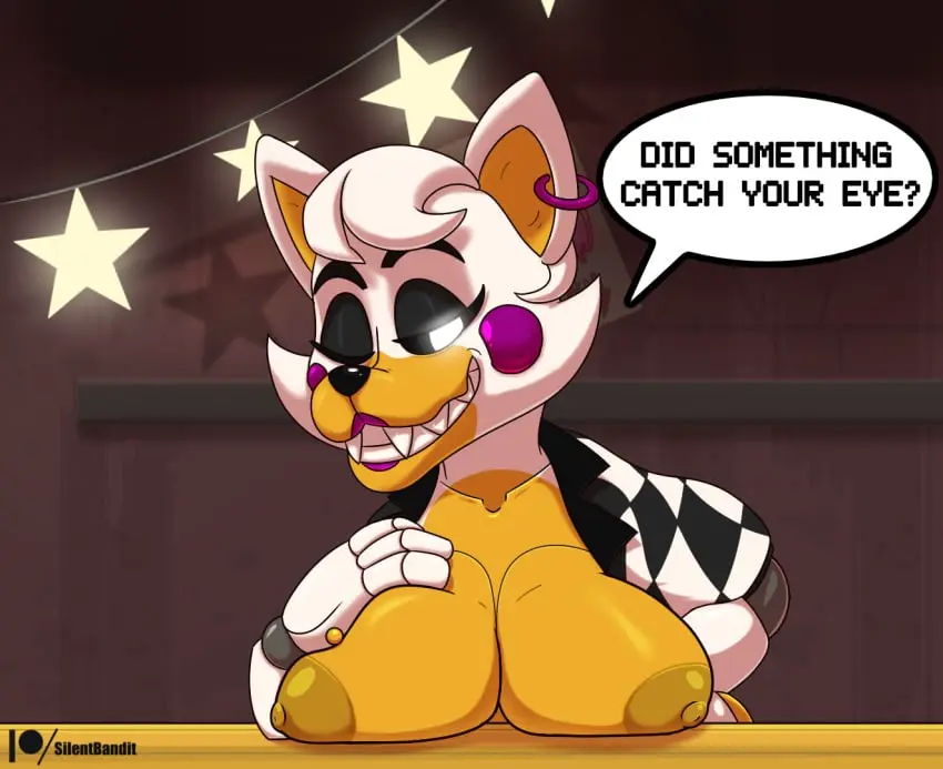 Image breasts,clothed,clothing,female,looking_at_viewer,simple_background,smile,solo,colored,digital_media_(artwork),eyebrows,shaded,teeth,anthro,piercing,text,lips,topless,glowing_eyes,sharp_teeth,canid,canine,mammal,multicolored_body,dialogue,thick_eyebrows,ear_piercing,makeup,lipstick,english_text,orange_body,2024,white_body,star,topless_female,breast_squish,speech_bubble,squish,furniture,fox,topwear,table,glowing,on_model,flashing,flashing_breasts,machine,robot,hand_on_breast,five_nights_at_freddy's,ear_ring,ring_piercing,animatronic,scottgames,sister_location,topless_anthro,five_nights_at_freddy's_world,lolbit_(fnaf),five_laps_at_freddy's,purple_cheeks,shaded_background,silentbandit