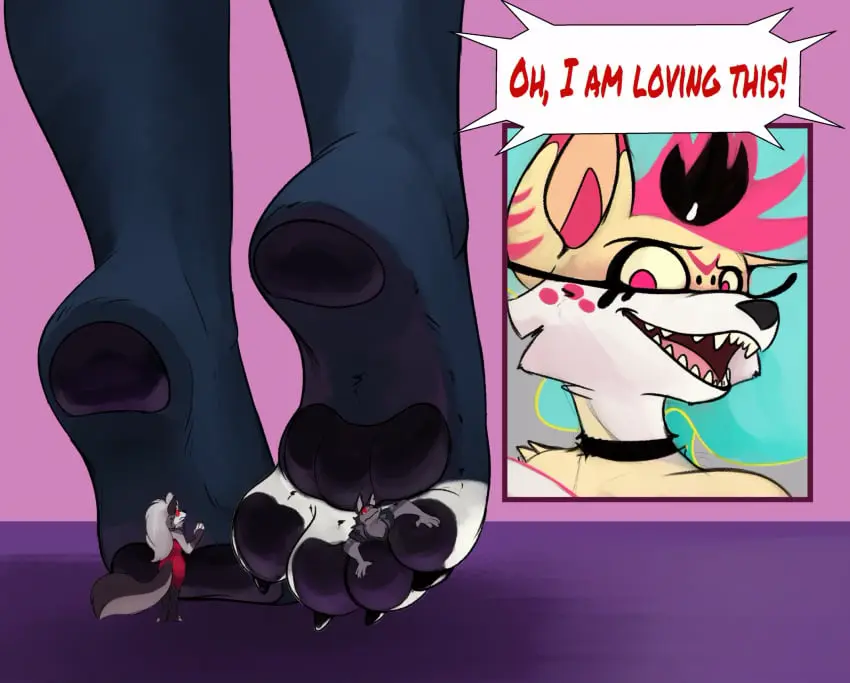 Image female,hi_res,male,feet,male/female,size_difference,anthro,foot_fetish,demon,soles,canid,canine,mammal,paws,smaller_male,female/female,toes,canid_demon,hellhound,helluva_boss,loona_(helluva_boss),group,trio,larger_female,foot_focus,pawpads,macro,micro,smaller_female,queen_bee-lzebub_(helluva_boss),vortex_(helluva_boss),between_toes,robomax