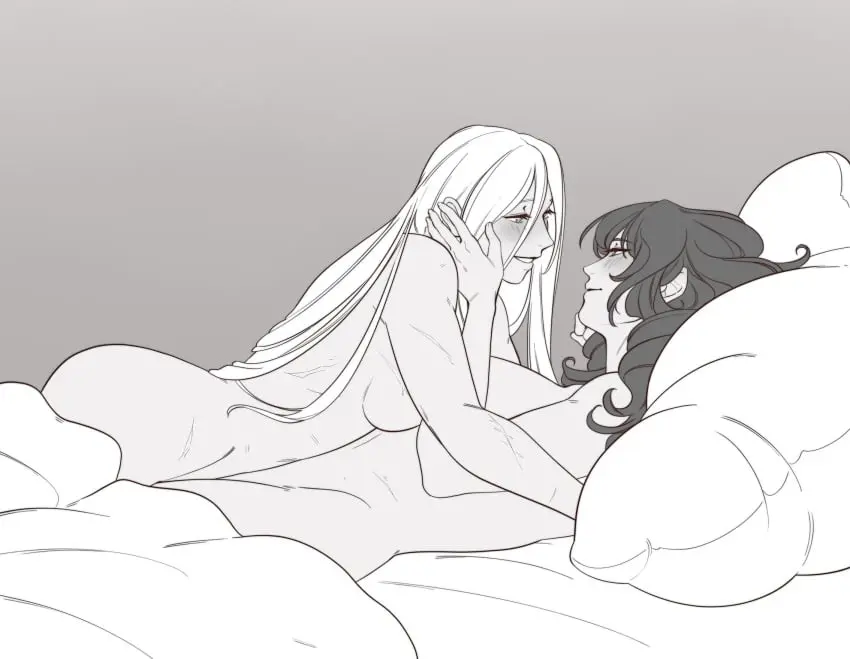 Image blush,breasts,female,female_only,highres,long_hair,smile,white_hair,2girls,bed_sheet,lying,sideboob,completely_nude,bed,nintendo,monochrome,romantic,romantic_couple,lying_on_bed,looking_at_another,yuri,fire_emblem,fire_emblem:_three_houses,grey_background,scar,byleth_(fire_emblem),edelgard_von_hresvelg,lying_on_stomach,toned,toned_female,wholesome,imminent_sex,greyscale,lying_on_back,source_request,scars_all_over,sideass,lying_on_person,byleth_(fire_emblem)_(female),hand_on_another's_face,ruebird