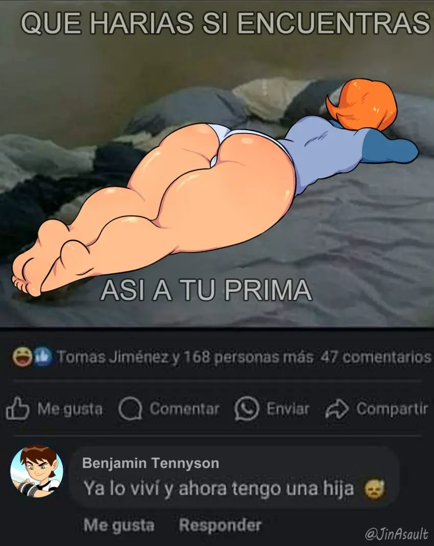 Image 1girls,female,panties,ass,big_ass,red_head,barefoot,text,laying_down,español,spanish_text,implied_sex,ben_10,laying_on_bed,gwen_tennyson,implied_incest,jinasault