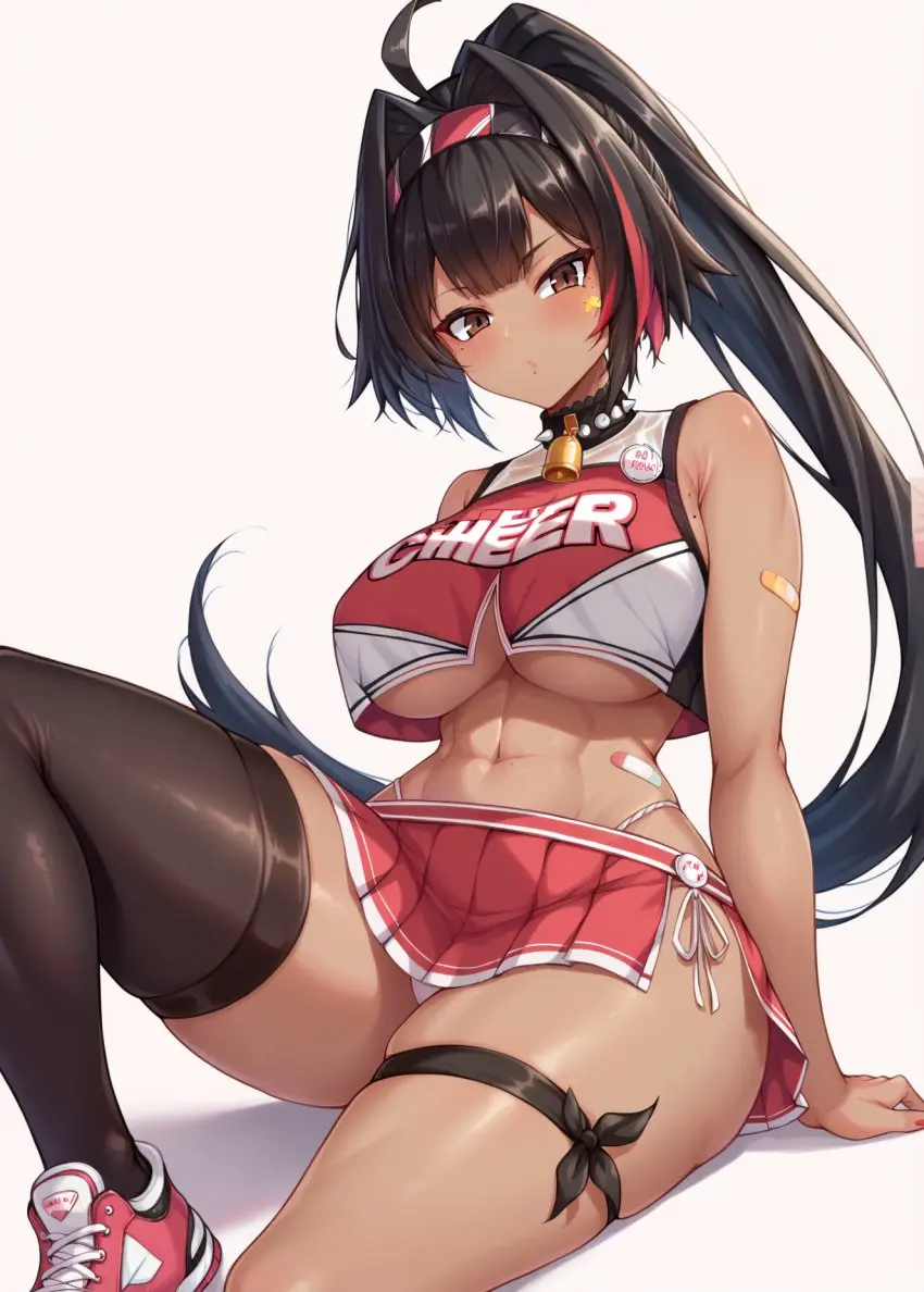 Image big_breasts,breasts,female,black_hair,ai_generated,bay_(nikke),goddess_of_victory:_nikke,brown_skin,cheerleader,cheerleader_outfit