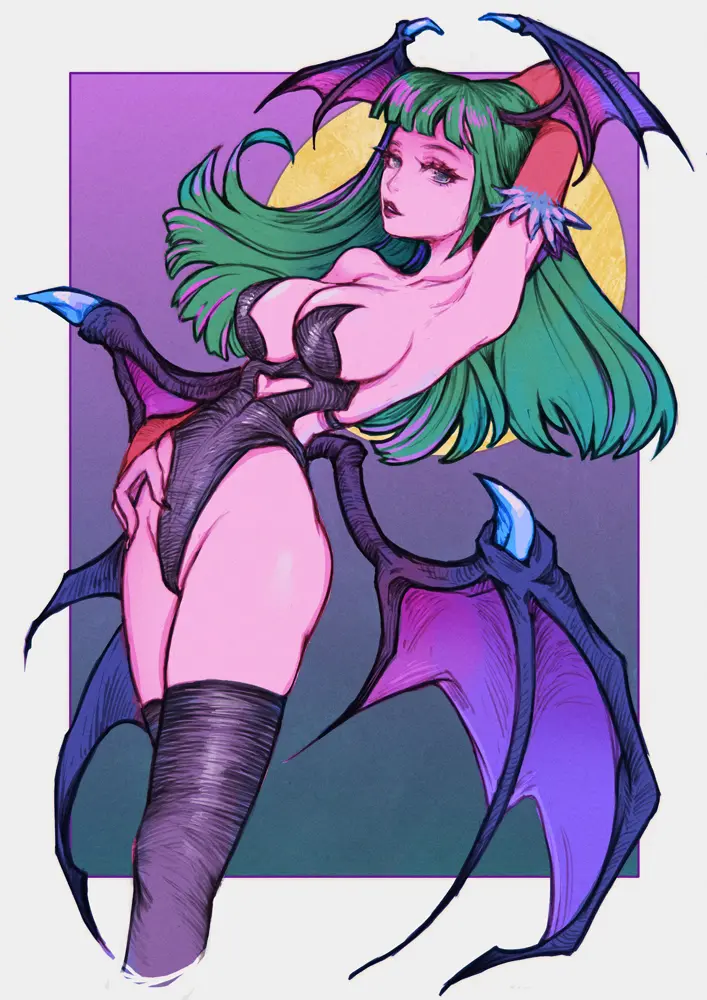 Image 1girls,big_breasts,breasts,female,solo,cleavage,solo_female,green_hair,pink_body,pink_skin,darkstalkers,morrigan_aensland,succubus,bat_wings,one_arm_behind_head,nymse