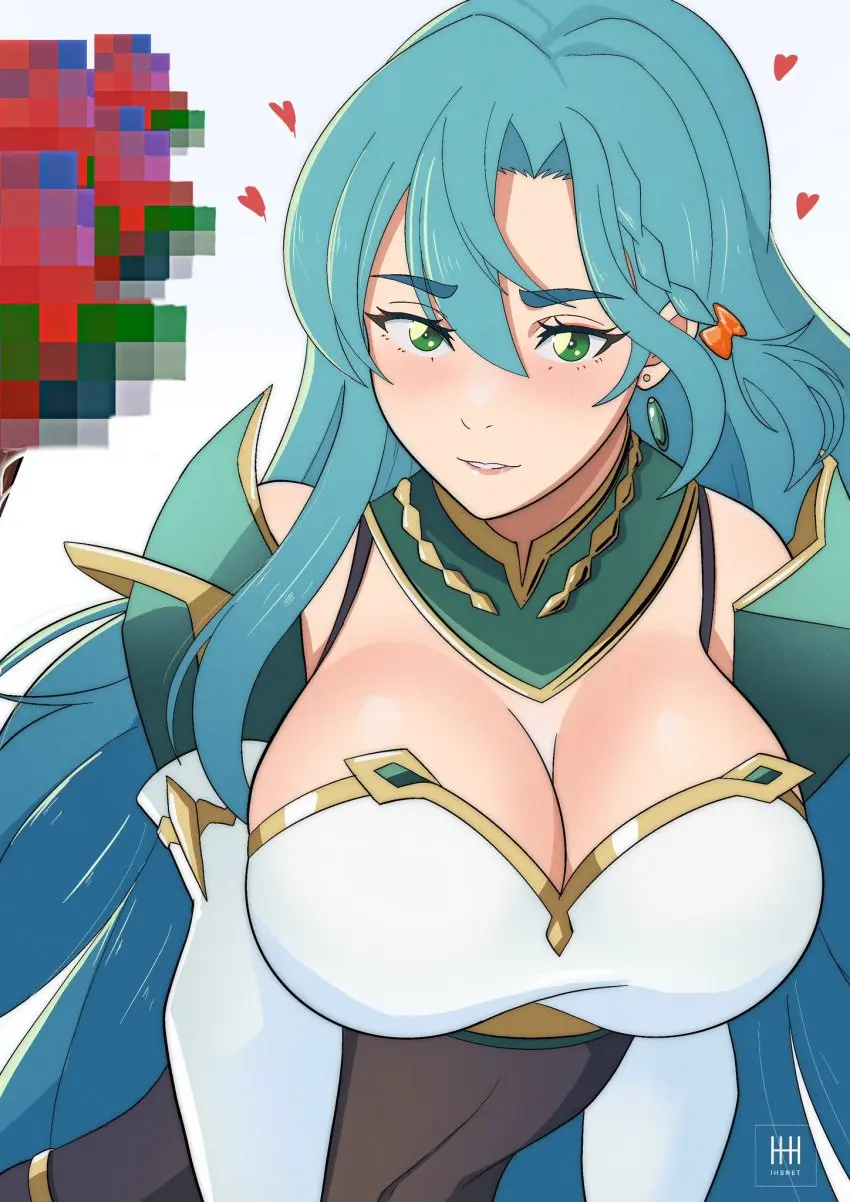 Image 1girls,bow,breasts,female,female_only,hairbow,highres,large_breasts,long_hair,smile,solo,very_long_hair,earrings,aqua_hair,bare_shoulders,cleavage,grin,jewelry,green_eyes,parted_lips,censored,mosaic_censoring,nintendo,braid,upper_body,fire_emblem,grey_background,fire_emblem_engage,orange_bow,chloe_(fire_emblem),censored_food,ihsnet