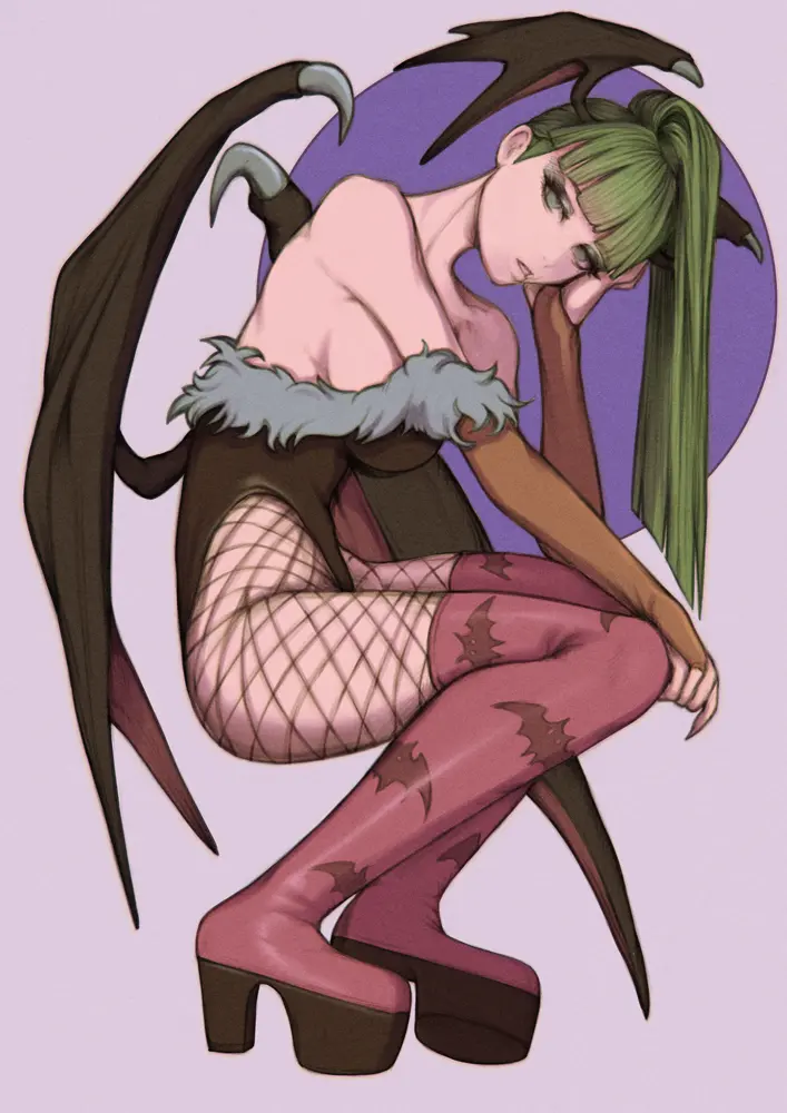 Image 1girls,female,light-skinned_female,light_skin,solo,solo_female,green_hair,heels,fur_trim,squatting,fishnets,darkstalkers,morrigan_aensland,succubus,high_heel_boots,bat_wings,head_wings,nymse,vampire_savior