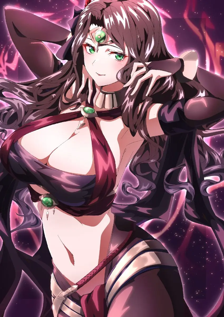 Image 1girls, breasts, female, female_only, highres, large_breasts, long_hair, looking_at_viewer, smile, solo, absurdres, navel, choker, hat, armpits, cleavage, jewelry, green_eyes, brown_hair, nintendo, closed_mouth, revealing_clothes, official_alternate_costume, alternate_costume, stomach, bracelet, fire_emblem, fire_emblem:_three_houses, fire_emblem_heroes, hands_up, dancer, dorothea_arnault, dorothea_arnault_(plegian), plegian, two-tone_background, to_(tototo_tk)