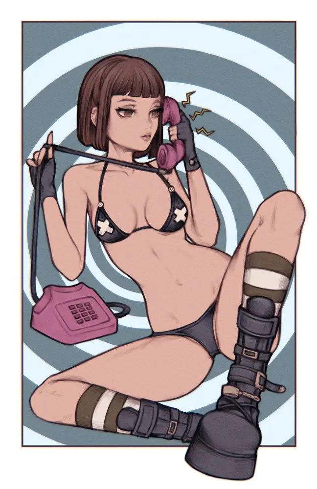 Image 1girls,brown_eyes,female,light_skin,solo,bikini,sitting,brown_hair,black_bikini,curtains_match_windows,boots,phone,striped_socks,on_phone,landline_phone,nymse,corded_phone,pink_phone,spiral_background,telephone