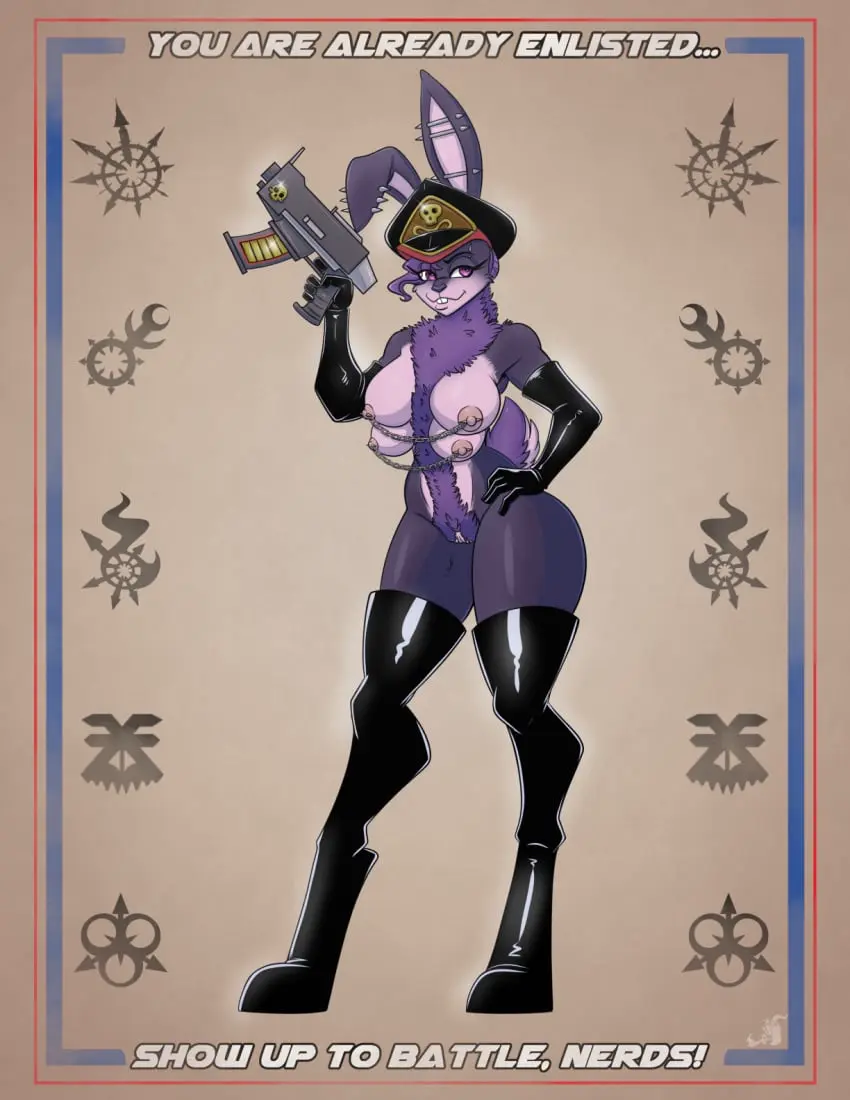 Image 1girls,breasts,female,female_only,hi_res,nipples,simple_background,solo,pussy,digital_drawing_(artwork),digital_media_(artwork),solo_female,nude_female,purple_fur,text,fur,genitals,mammal,english_text,purple_body,weapon,lagomorph,leporid,rabbit,warhammer_(franchise),warhammer_40k,ranged_weapon,poster,gun,pattern_background,imperium_of_man,multi_breast,chaos_(warhammer),slaanesh,slaanesh_mark,astra_militarum,imperial_guard,bolter,commissar,khorne,khorne_mark,stogiegoatarts