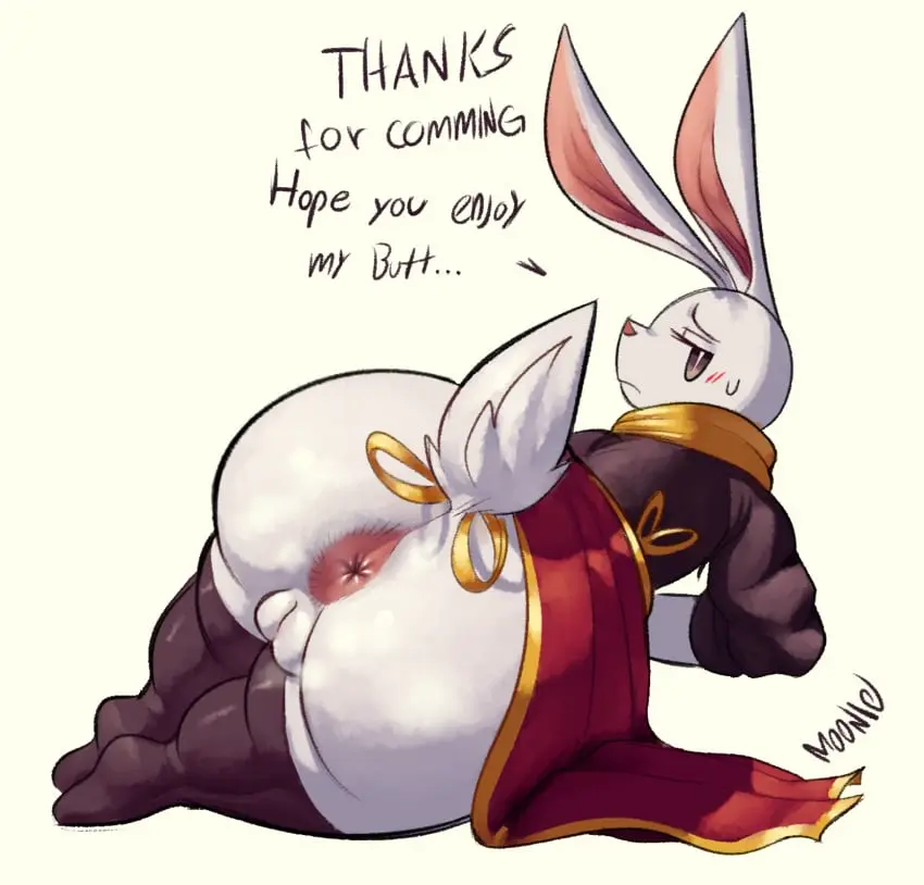 Image 1girls,blush,brown_eyes,clothed,clothing,female,hi_res,looking_at_viewer,simple_background,solo,white_background,pussy,tail,thighhighs,furry,ass,big_ass,huge_ass,looking_back,thick_thighs,digital_media_(artwork),solo_female,anthro,text,anus,half-closed_eyes,presenting,fur,genitals,mammal,dialogue,bottomless,english_text,narrowed_eyes,legwear,biped,white_body,presenting_hindquarters,big_ears,short_stack,raised_tail,white_fur,lagomorph,leporid,rabbit,presenting_anus,third-party_edit,plump_labia,innie_pussy,puffy_pussy,lilmoonie,pana_(lilmoonie)