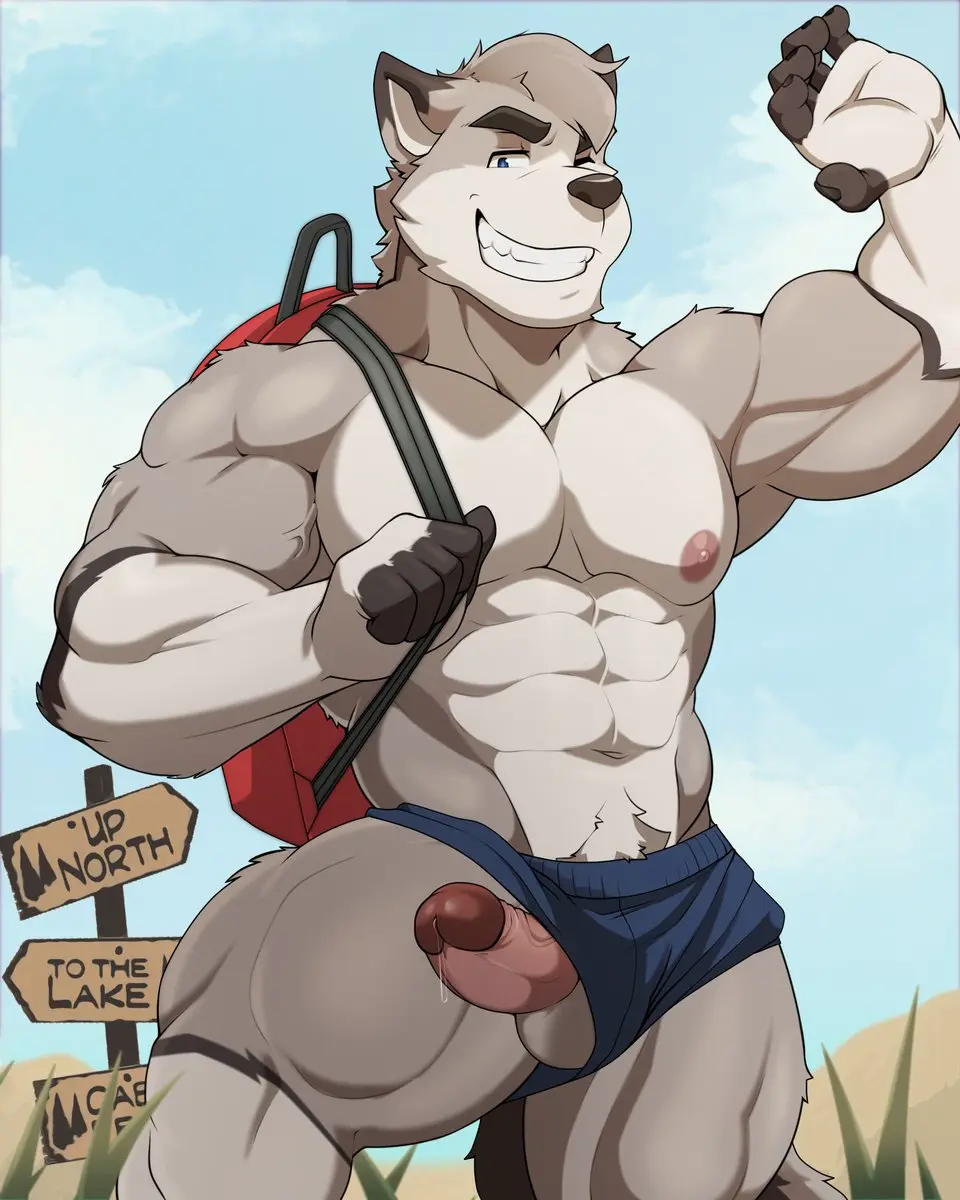 Image clothing,hi_res,nipples,smile,solo,blue_eyes,male,penis,thick_thighs,erection,humanoid_penis,athletic,muscular,muscular_male,teeth_showing,balls,anthro,genital_fluids,bodily_fluids,canid,canine,canis,genitals,mammal,precum,wolf,pecs,shorts,5_fingers,precum_drip,outside,abs,dripping,fingers,humanoid_genitalia,big_muscles,nature,wardrobe_malfunction,bottomwear,backpack,leaking_precum,sunny,huge_muscles,flexing,raised_arm,hiking,kyash-tyur,sirwolfybuns