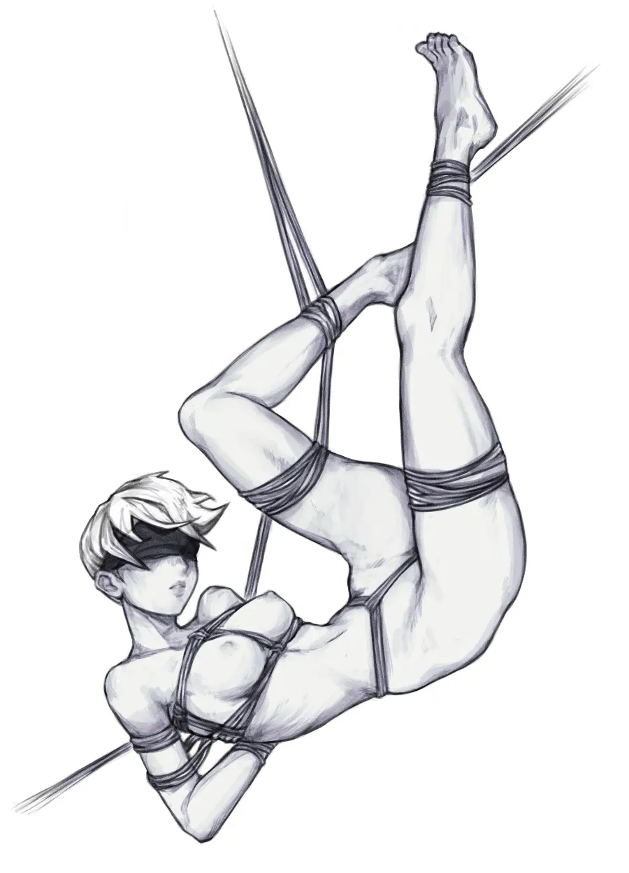 Image 1girls,breasts,female,solo,nude,short_hair,monochrome,bondage,suspension,blindfold,arms_behind_back,rope,rope_bondage,light_hair,suspension_bondage,arms_tied_behind_back,nymse