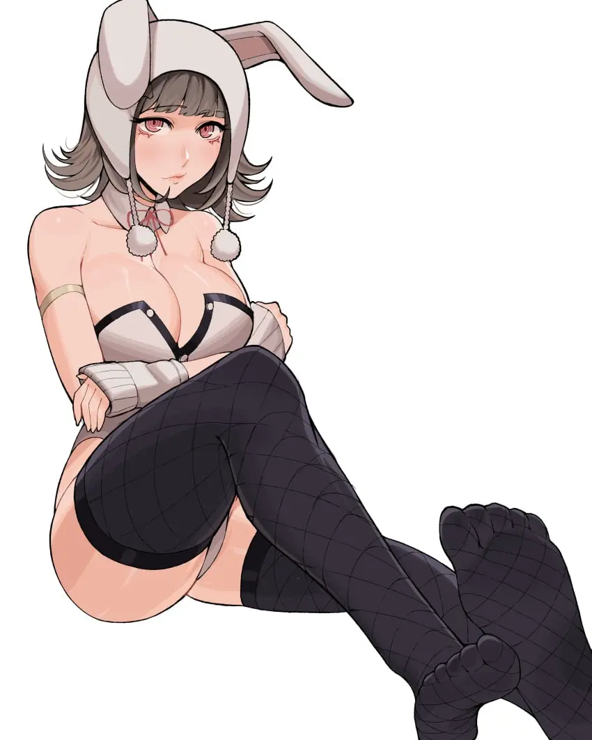 Image 1girls,big_breasts,breasts,female,grey_hair,large_breasts,looking_at_viewer,simple_background,solo,white_background,animal_ears,thighhighs,female_focus,hat,thighs,collarbone,eyebrows,eyelashes,pink_eyes,sitting,lips,bunny_ears,detached_sleeves,rabbit_ears,light_blush,medium_hair,expressionless,detached_collar,collar,closed_mouth,alternate_costume,knee_up,white_collar,bunnysuit,fishnets,playboy_bunny,leotard,fake_animal_ears,strapless,strapless_leotard,white_leotard,full_body,crossed_arms,toes,danganronpa,fishnet_thighhighs,black_thighhighs,white_hat,arms_under_breasts,arm_strap,sleeves_past_wrists,danganronpa_2:_goodbye_despair,nanami_chiaki,white_sleeves,bojinkoo