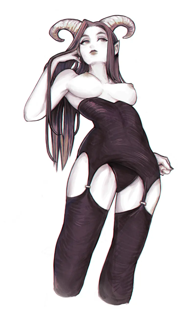 Image 1girls,breasts,breasts_out,cowboy_shot,female,long_hair,solo,thighhighs,panties,white_skin,humanoid,horns,monster_girl,pointy_ears,black_panties,monochrome,succubus,black_clothing,black_thighhighs,hand_in_hair,nymse,clothing_request,ram_horns