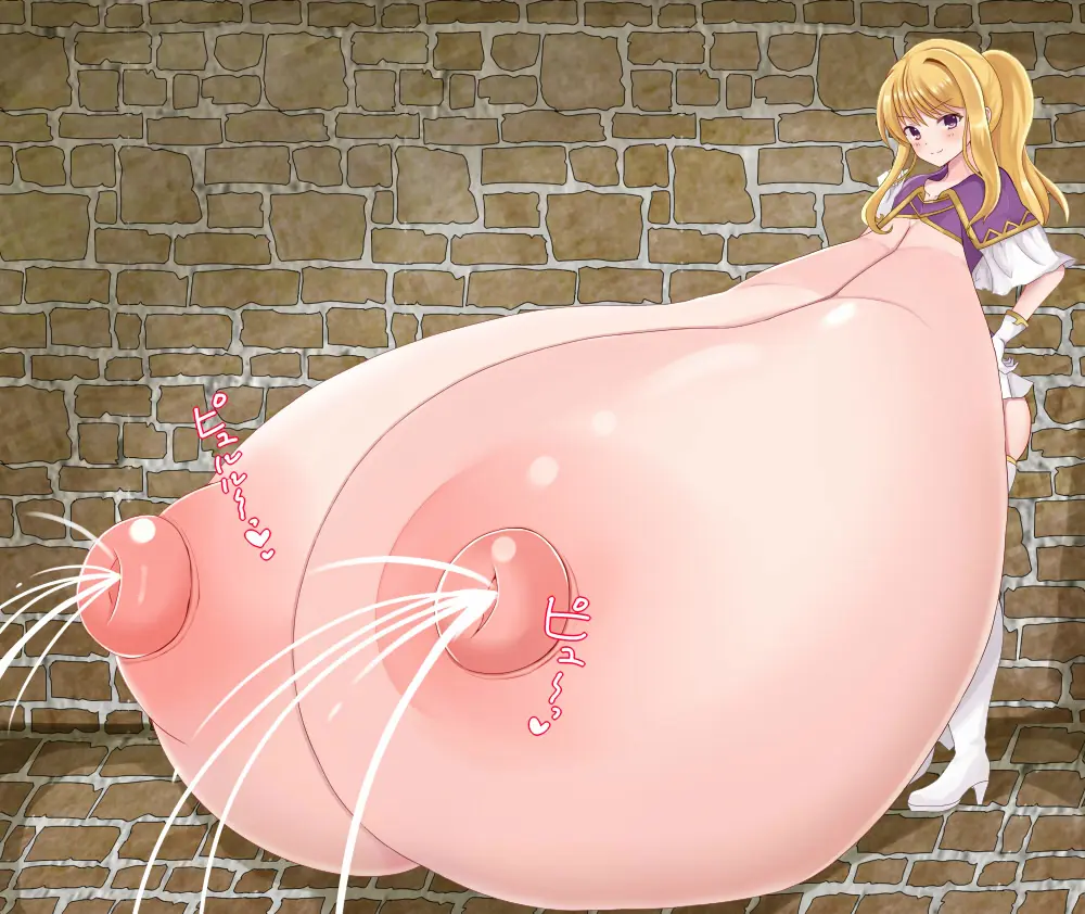 Image 1girls,breasts,breasts_out,female,female_only,long_hair,looking_at_viewer,nipples,smile,solo,gloves,thighs,ponytail,areolae,bare_thighs,gigantic_breasts,hyper_breasts,blonde_hair,purple_hair,nintendo,hand_on_own_hip,lactation,skirt,short_sleeves,sound_effects,fire_emblem,yellow_hair,frills,>:),brick_wall,fire_emblem:_the_binding_blade,wall,clarine_(fire_emblem),miyako_(mongcocoa)