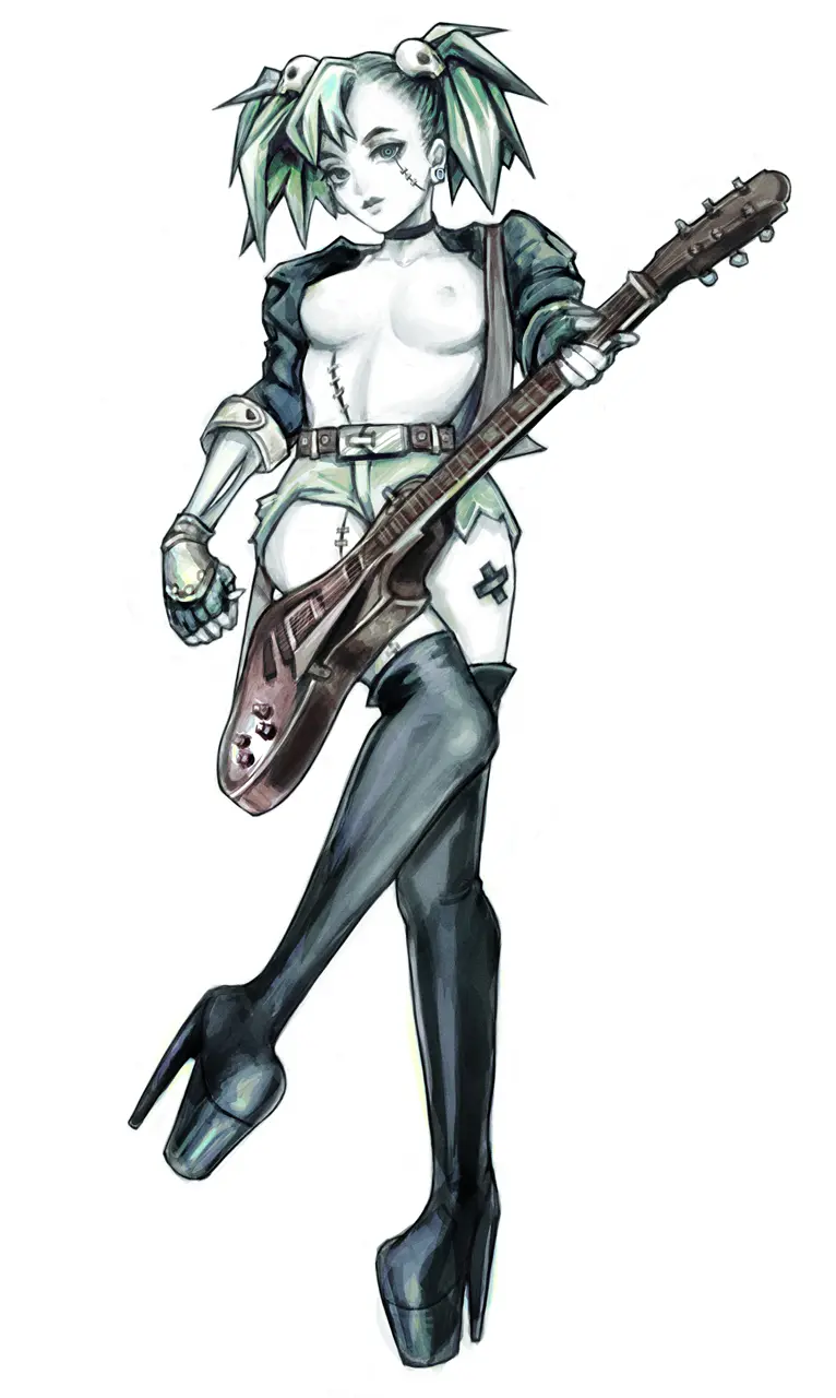 Image 1girls,breasts,breasts_out,female,solo,standing,white_background,thighhighs,white_skin,green_eyes,twintails,green_hair,heels,high_heels,jacket,shorts,curtains_match_windows,scar,open_jacket,zombie,zombie_girl,standing_on_one_leg,punk,punk_girl,guitar,thigh_high_heels,skull_hair_ornament,nymse,staples
