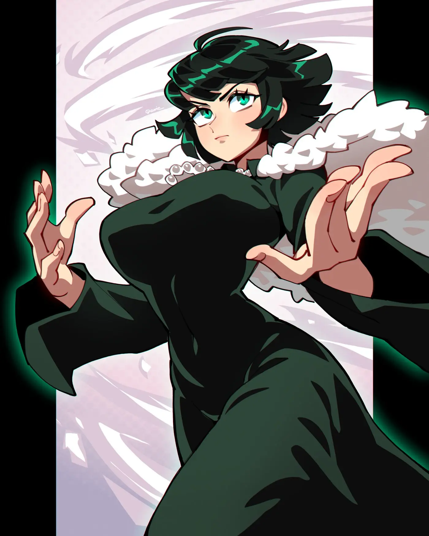Image 1girls,big_breasts,breasts,female,highres,short_hair,jewelry,green_eyes,dress,necklace,green_hair,walking,one-punch_man,hands_up,looking_up,fubuki_(one-punch_man),green_dress,333_(dqqqdle),feather-trimmed_jacket,tornado