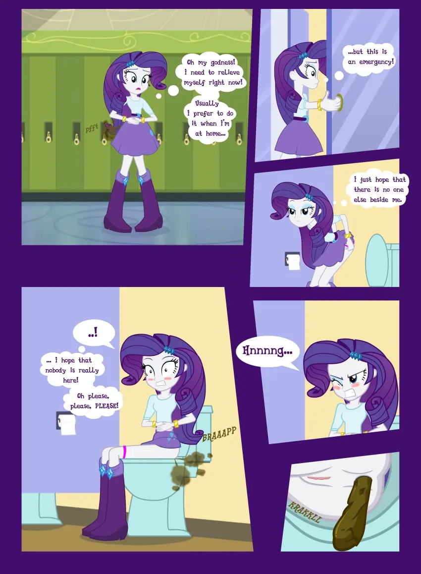 Image 1girls, female, text, bathroom, english_text, equestria_girls, my_little_pony, toilet, scat, rarity_(mlp), toilet_stall, farting, bathroom_stall, shitting, toilet_paper, turd_hanging_out, toilet_use, tird